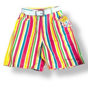 Deadstock Vintage 90s Bonjour Rainbow Blue White Stripe High Waist Denim Shorts